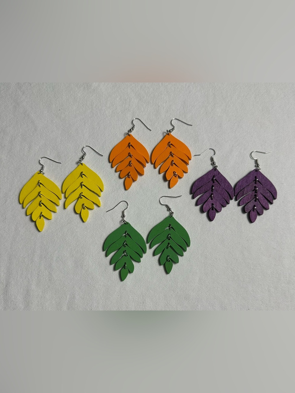 Lot of Wooden Leaf Drop Earrings - Yellow, Orange, Green, Purple